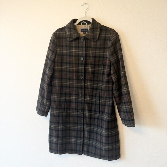 Vintage Lands End Midi Brown Plaid Wool Autumn Academia Coat Womens Size 8